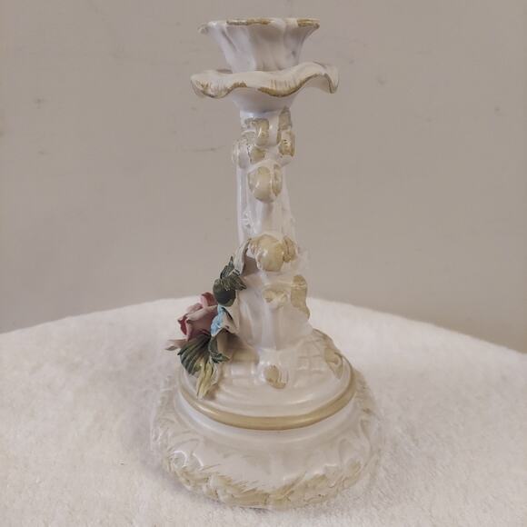Vintage Porcelain Floral Candlestick, Capodimonte  Capodimonte 1875 Marked Italian Porcelain Candlestick Holder with Floral Motifs